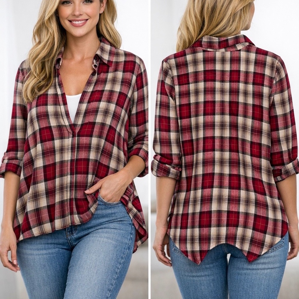 Sundance Women’s XS Oversized A-Lined Wide Sleeve Lightweight Plaid V-Neck Top